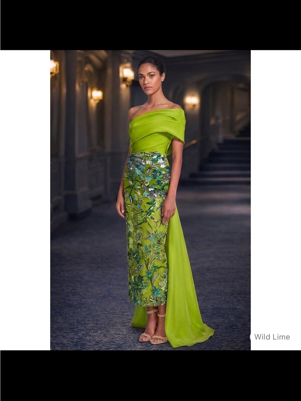 Wild Lime One-Shoulder Embellished Evening Dress